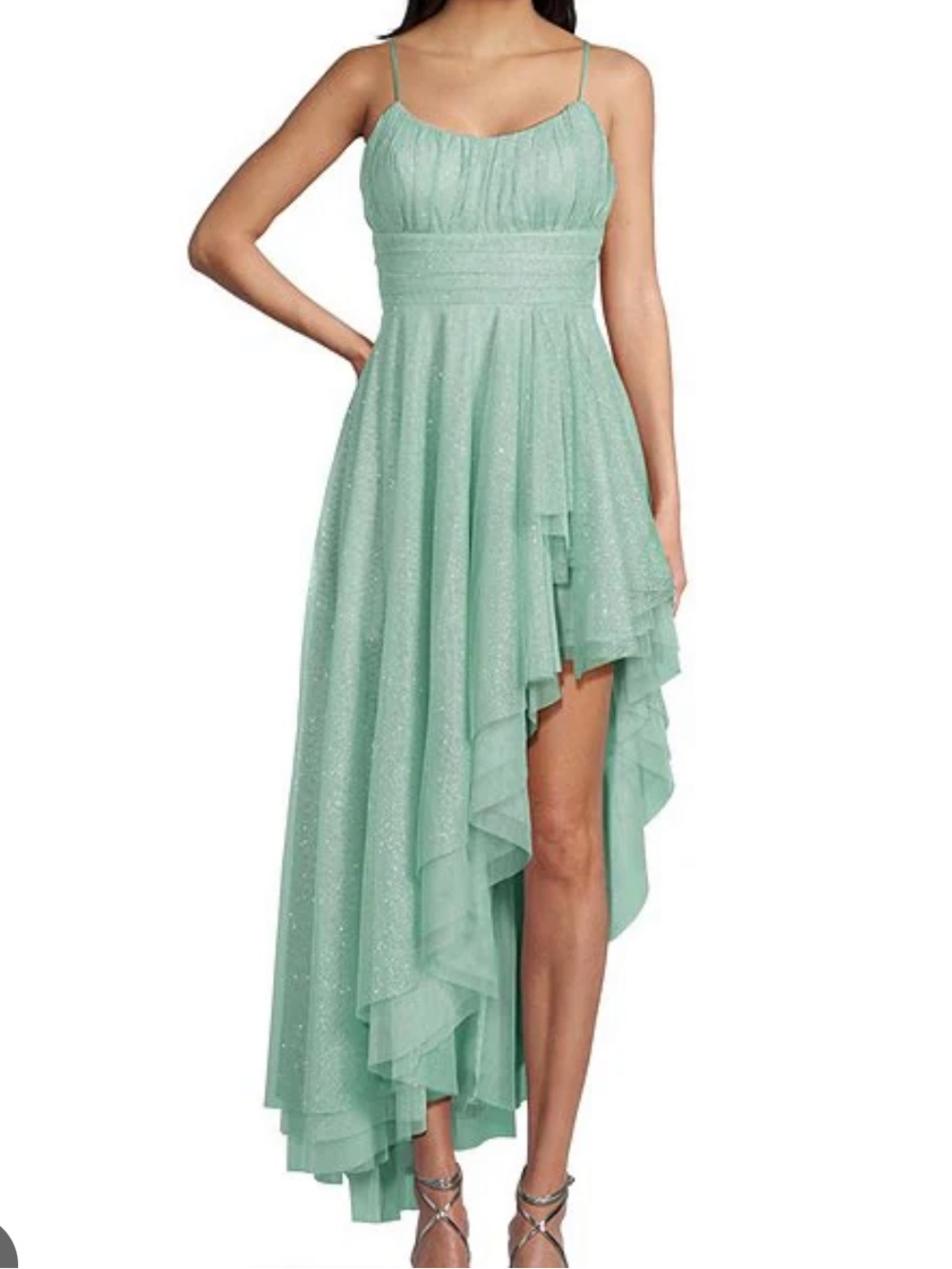 Nwt pear culture glitter mesh v-neck corkscrew ruffled high-low dress size 5/6